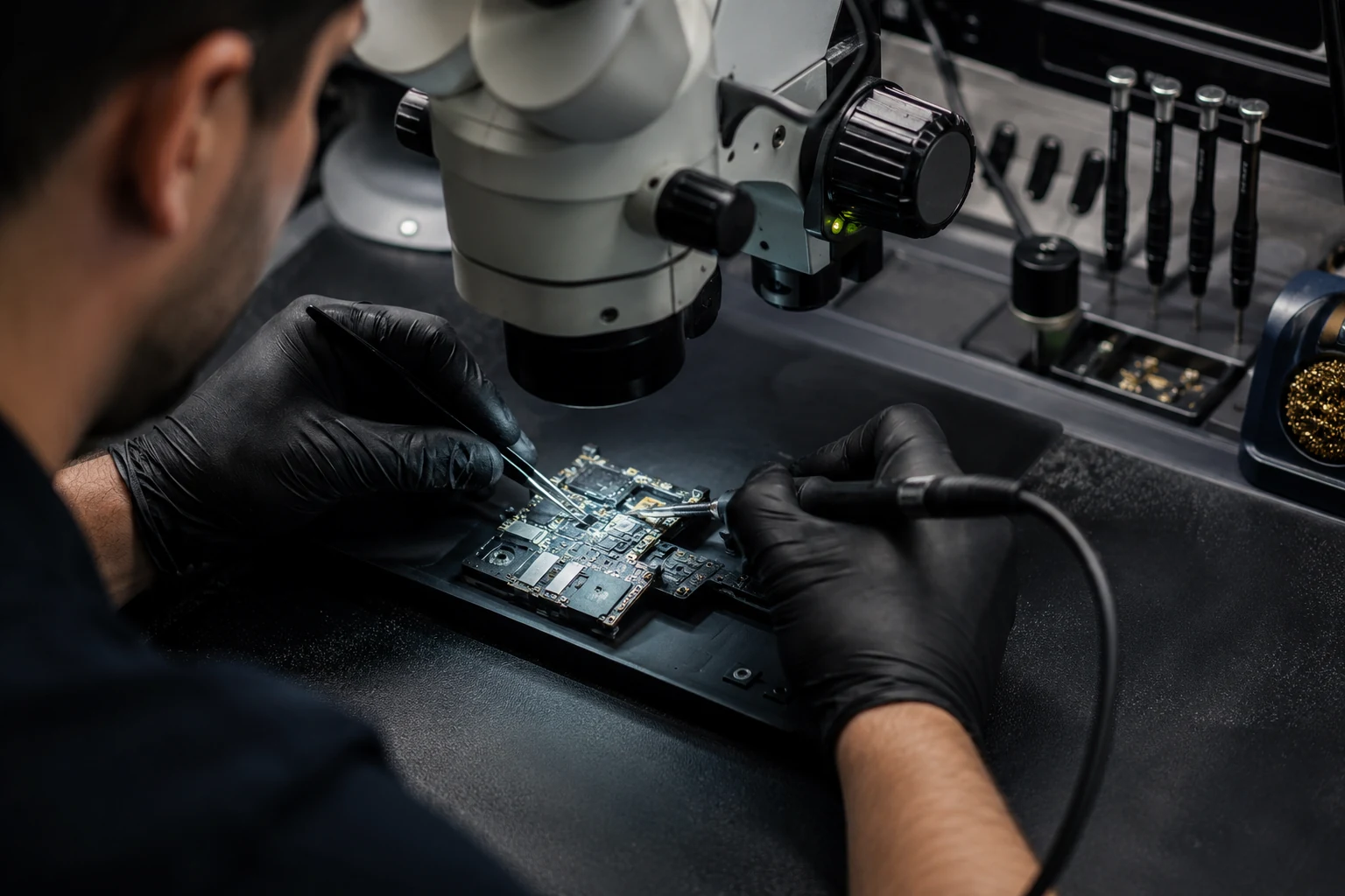 Visual proses perbaikan motherboard dan komponen mesin perangkat.